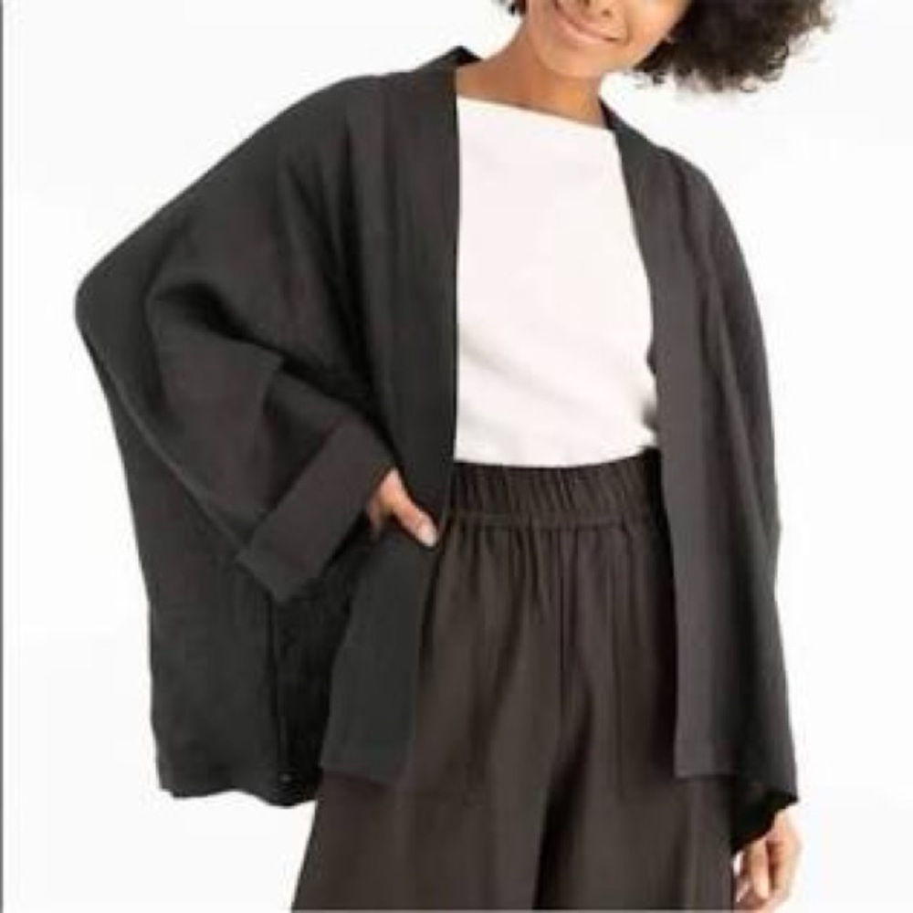Tribe Alive black organic linen open kimono OS